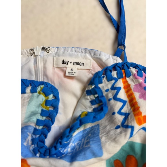 Day + Moon Women Small Blue Multi Stamp Fruit Print Mini Dress Whipstitch Trim - Picture 5 of 9